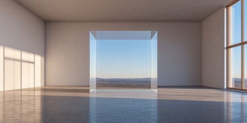Obraz premium A minimalist interior featuring a transparent cube and large windows, allowing natural light and a view of the horizon.
