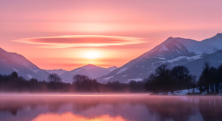 Fototapeta premium Breathtaking sunrise over the mountain landscape with mist and red clouds in the morning sky