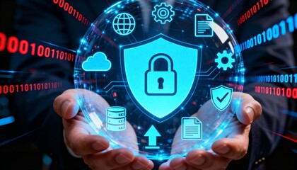 Digital Cybersecurity Concept: Hands holding glowing shield with data protection icons, global network backdrop