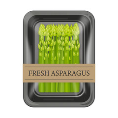 Fresh asparagus spears in plastic tray packaging