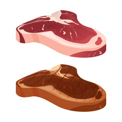 T bone steak raw and grilled meat comparing