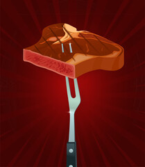 T bone steak lifting by barbecue fork