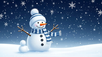 A cheerful snowman wearing a cozy blue striped scarf and hat smiles during a magical winter snowfall at night