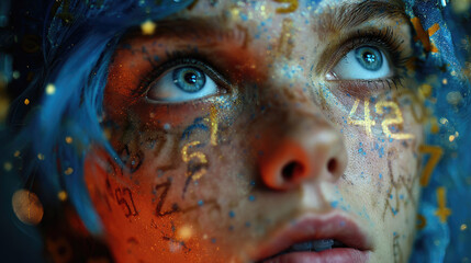 Surreal woman in cosmic universe surrounded by glowing stars, magical galaxy scene with radiant light, dreamy fantasy concept, copy space