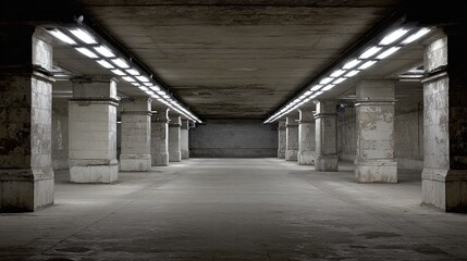 Fototapeta premium An underground parking area, the concrete floor is lit by artificial light. The concrete columns and the raw concrete ceiling create a functional aesthetic, urban space.