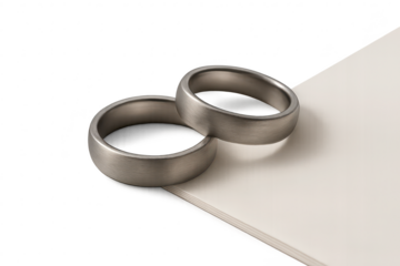 Elegant brushed metal wedding bands interlocked, isolated on transparent background