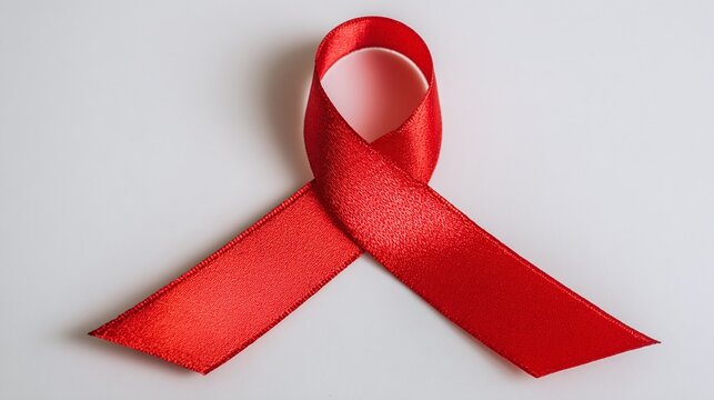 Close-up of a red ribbon folded into the shape of a loop, symbolizing awareness, support, and solidarity. It stands for unity and is universally recognized. Its vibrant color demands recognition.