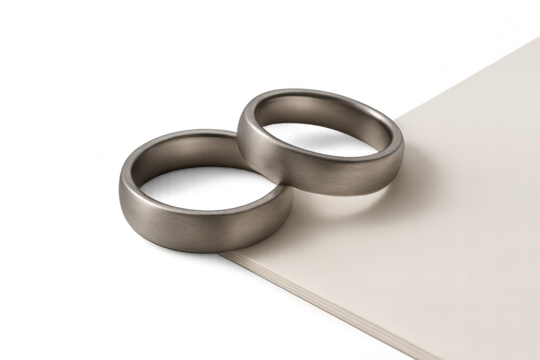 Elegant brushed metal wedding bands interlocked, isolated on transparent background