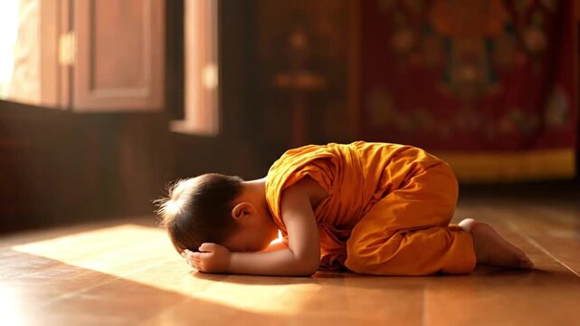 Young boy in monk robe prostrating on temple floor, spiritual devotion
