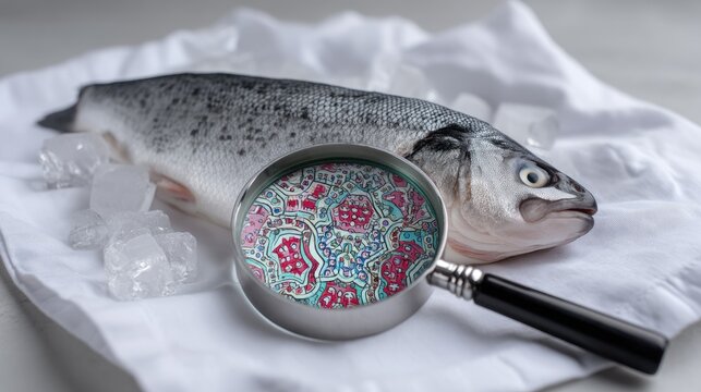 Moldy fish examined under a magnifying glass reveals colorful microorganisms on ice
