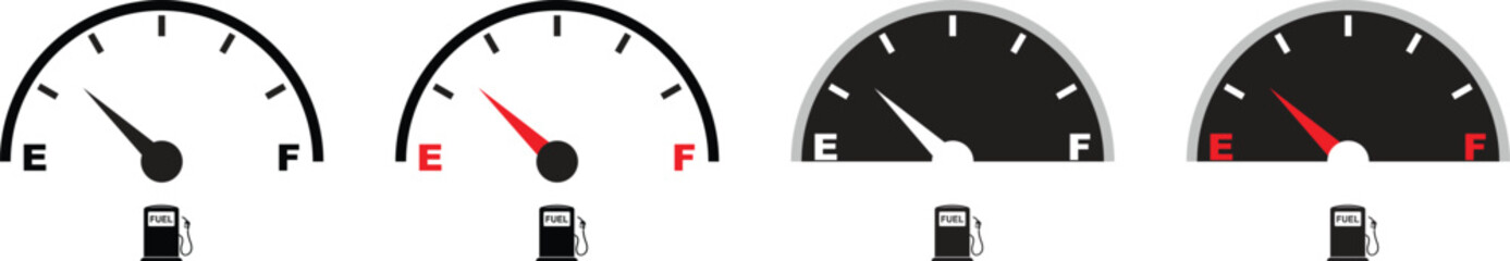 Set of fuel gauge meter icons with full and empty indicator signs. Car dashboard elements showing petrol level. Automotive gas symbol. Vector illustration isolated on transparent background.