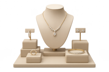 Elegant gold diamond jewelry set on a beige display, isolated on transparent background.