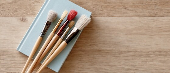 Blank sketchbook with paintbrushes and watercolor paints on wood background for creative inspiration and artistic exploration