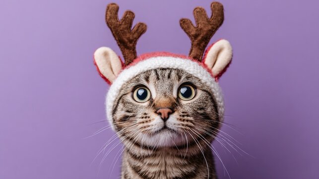 Tabby cat with reindeer antlers, looking directly forward with a surprised expression. Great holiday and festive content, perfect for greeting cards! The background is simple.