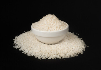 Grated coconut powder. Dry coco flakes pile, shredded desiccated coconut, tropical fruit chips