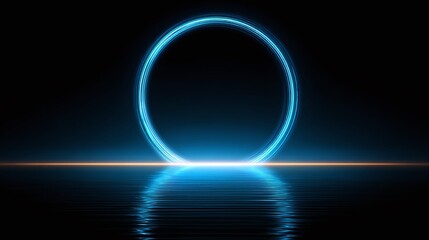 Obraz premium A glowing cyan circle hovers above water, reflecting a parallel orange line on the water's surface. The contrast of light and dark creates a futuristic, serene scene.