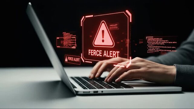 Digital warning overlay showing a fierce alert triangle symbol while hands type on a laptop keyboard indicating serious data vulnerability or hacking danger