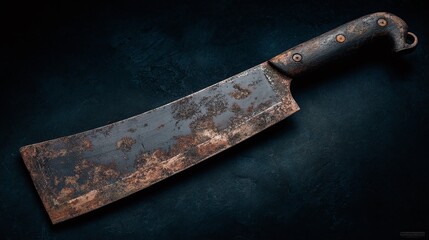 Antique cleaver lies on dark, textured surface, blade covered in rust, handle worn with metal pins, vintage look, evokes sense of age & history in dim lighting.