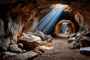Sunbeams illuminate a rocky cave passage