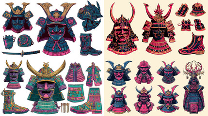 Colorful samurai armor collection illustrated with ornate helmets, masks, boots, and traditional elements in a vibrant artistic style suitable for cultural and historical themes.