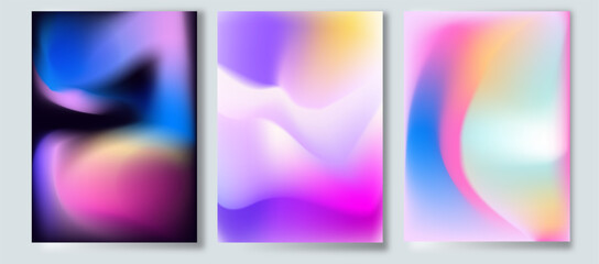 Set of colorful blurred blue pink purple grainy gradient. trendy pastel blends