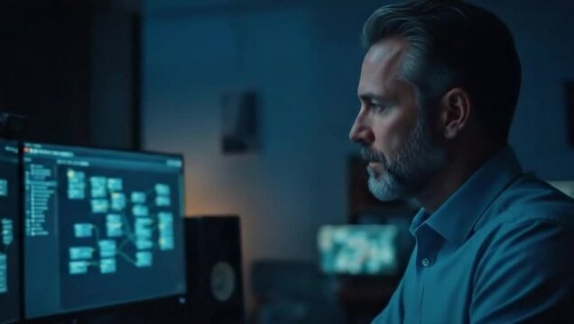 Man working late on complex workflow pipeline diagram