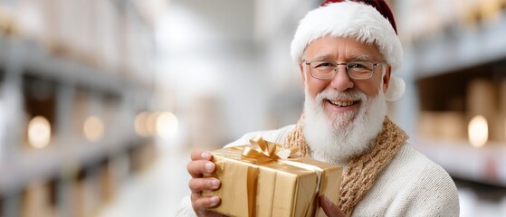 Santa Claus carries a Christmas present in a warehouse filled with gift boxes during the holiday season for children