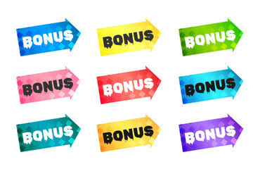 Set of colorful modern arrow stickers with bonus text flat vector without background