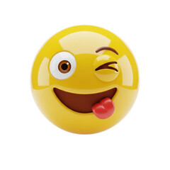Fototapeta premium a hyper-detailed volumetric 3d render of a glossy, canary yellow emoji icon with a silly winking face and open-mouth grin, centered on a seamless white background. concept of digital communication