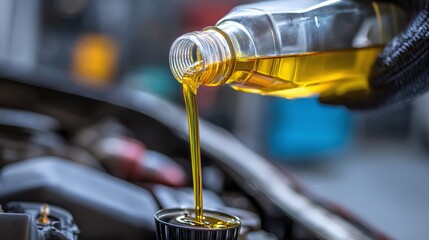Pouring vibrant golden motor oil from a clear bottle into an engine compartment, ensuring optimal performance and longevity for the vehicle. A visual representation of care.