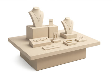 Elegant jewelry collection display on various stands, transparent background.