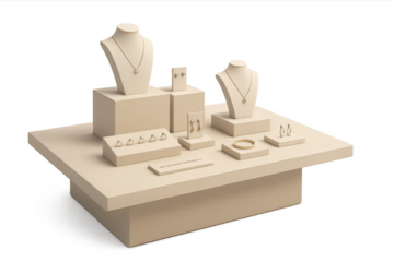 Elegant jewelry collection display on various stands, transparent background.