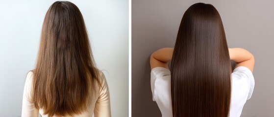 Fototapeta premium Transformation of long dark brown straight hair from natural texture to shiny and sleek style with a confident pose