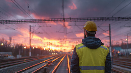 Fototapeta premium Railway worker looking at the sunset over train tracks, wearing a hardhat and vest. Calm industry scene, focus on infrastructure safety and the beauty of industrial landscapes.