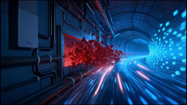 Digital data stream in fiber optic tunnel with firewall filtering out red malicious packets internet traffic flow
