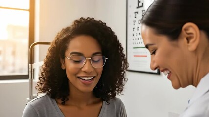 Enthusiastic optometrist adjusts glasses for smiling patient during eye exam - Powered by Adobe
