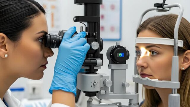 Eye examination by optometrist using advanced equipment in modern clinic setting