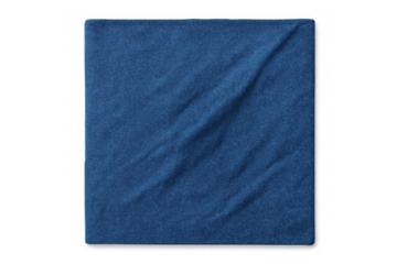 Blue square fabric napkin or cloth mockup with creases and crumpled texture, empty template on transparent background