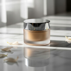 Elegant glass jar of foundation on marble surface with natural light