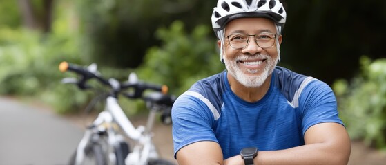 Happy senior african american man preparing for a bike ride in a park on a sunny day, showcasing a joyful spirit and love for outdoor activities