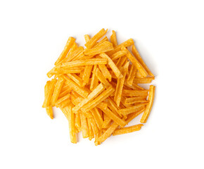 Fried chips sticks isolated, finger potato chips, golden shoestring fries pile, French fries