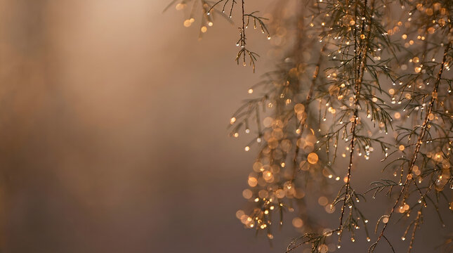 Golden pine branches with sparkling raindrops on a blurred bokeh background with copy space.