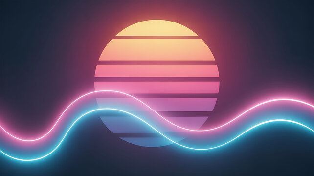 Retro sunset with neon waves and geometric horizon line