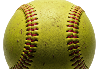 hyperdetailed macro shot of a worn optic yellow softball with volumetric lighting highlighting clay smudges and frayed red stitching against pure white copy space concept of rugged athletic recreation