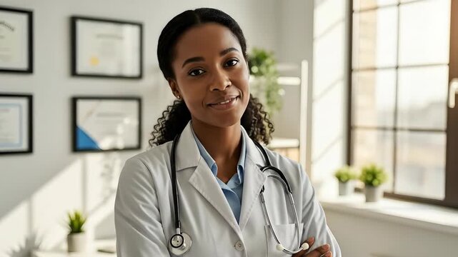 Confident medical professional in sunlit office embraces new beginnings