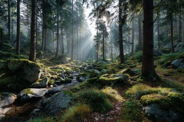 Sunlight streams through tall Evergreen trees in a magical misty Forest at dawn creating beautiful rays and shadows on the forest floor