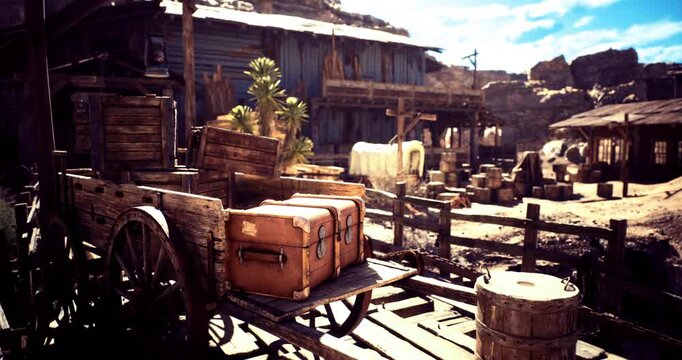 A weathered wooden wagon sits in front of an old western building. Vintage luggage is stacked on the wagon, with cacti and a horse visible in the background under a bright blue sky.
