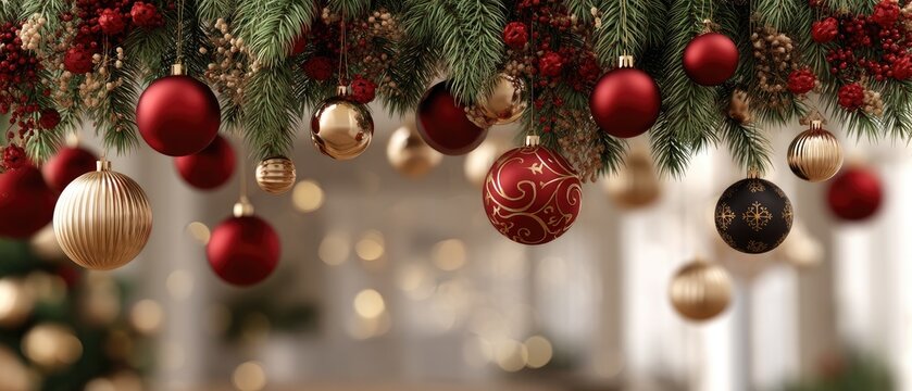 Red and gold Christmas decorations with elegant ornaments and festive bokeh lights for a joyful holiday ambiance