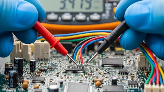 Technician testing circuit board with multimeter probes for electrical diagnosis