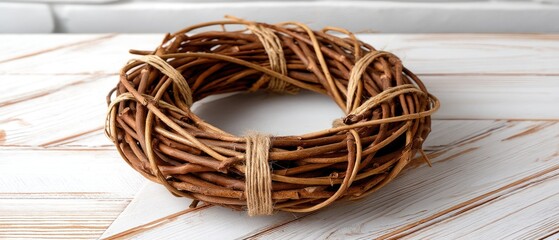 Rustic wreath made of natural twigs and hay on a white wooden background with distinct textures creating warm holiday vibes